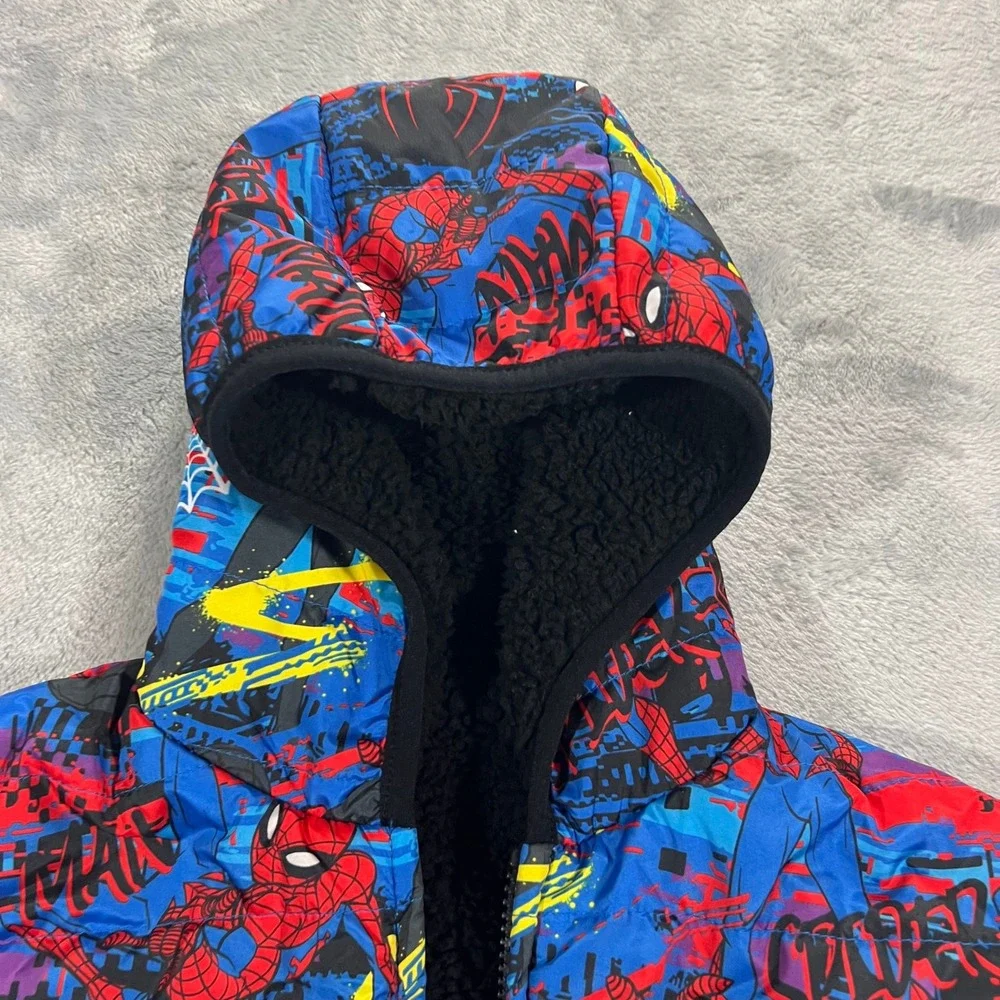 Spider-Man Puffer Reversible Hoodie Jacket Kids Size 6 Black Blue Good Marvel